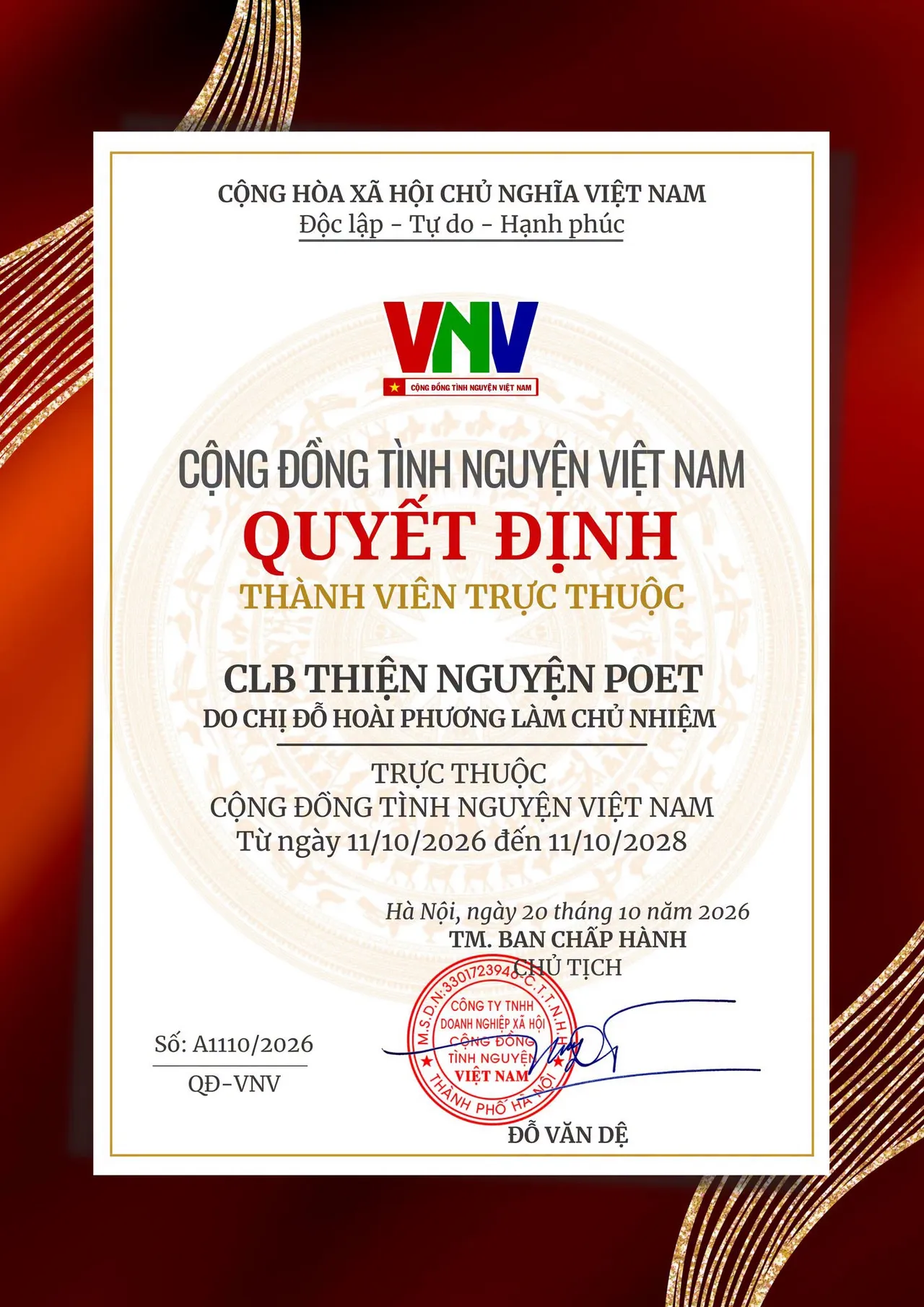 Quyết định số A1110/2026/QĐ-VNV công nhận CLB Thiện nguyện POET là thành viên trực thuộc Cộng đồng Tình nguyện Việt Nam, từ 11/10/2026 đến 11/10/2028.